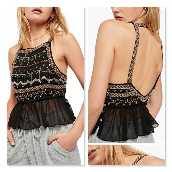 ✨ FREE PEOPLE ✨ NEW! Camille Embroidered Open-Back Camisole - [Small, Black] - Picture 1 of 14